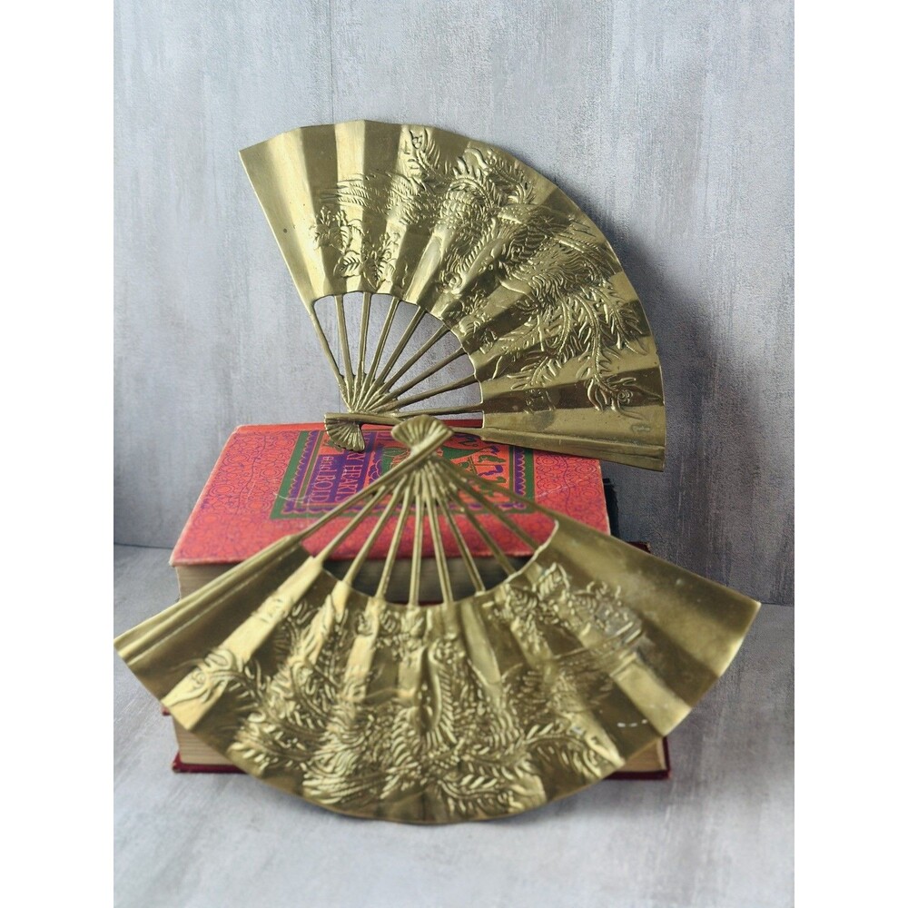 Vintage Solid Brass Asian Style Hand Fan Raised Phoenix Dragon Wall Decor